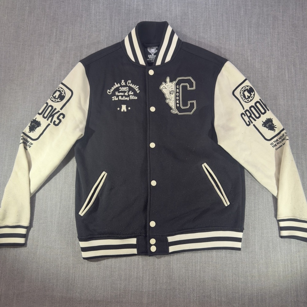 Crooks & Castles Jacket Mens Large Black Varsity Fleece Snap Front Logo